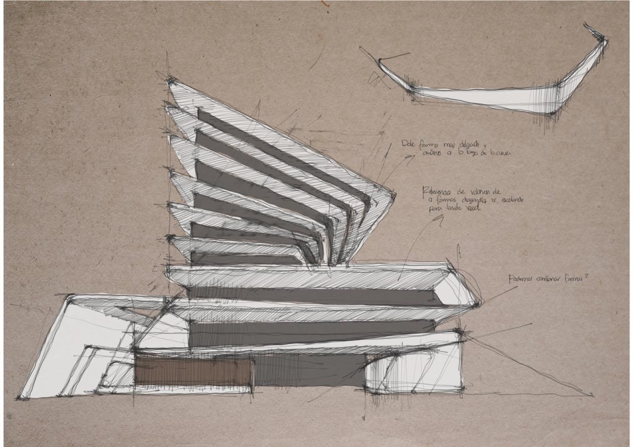 Freehand sketch of a residence with layered cantilevered slabs